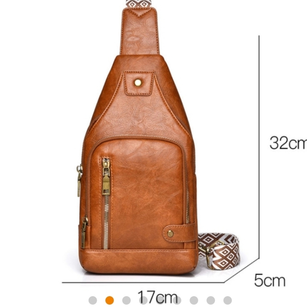 Brown Pleather Sling Bag Multi Pockets 12x8x2.5 New - Picture 2 of 9
